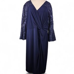 Alex‎ Evenings Women's 18W Navy Lace Sequin Sleeve Wrap Front Formal Dress